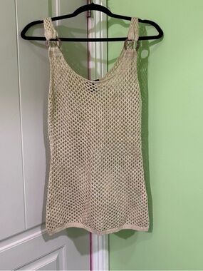 Vintage open knit boho shabby beach cover up tank top Y2K size M